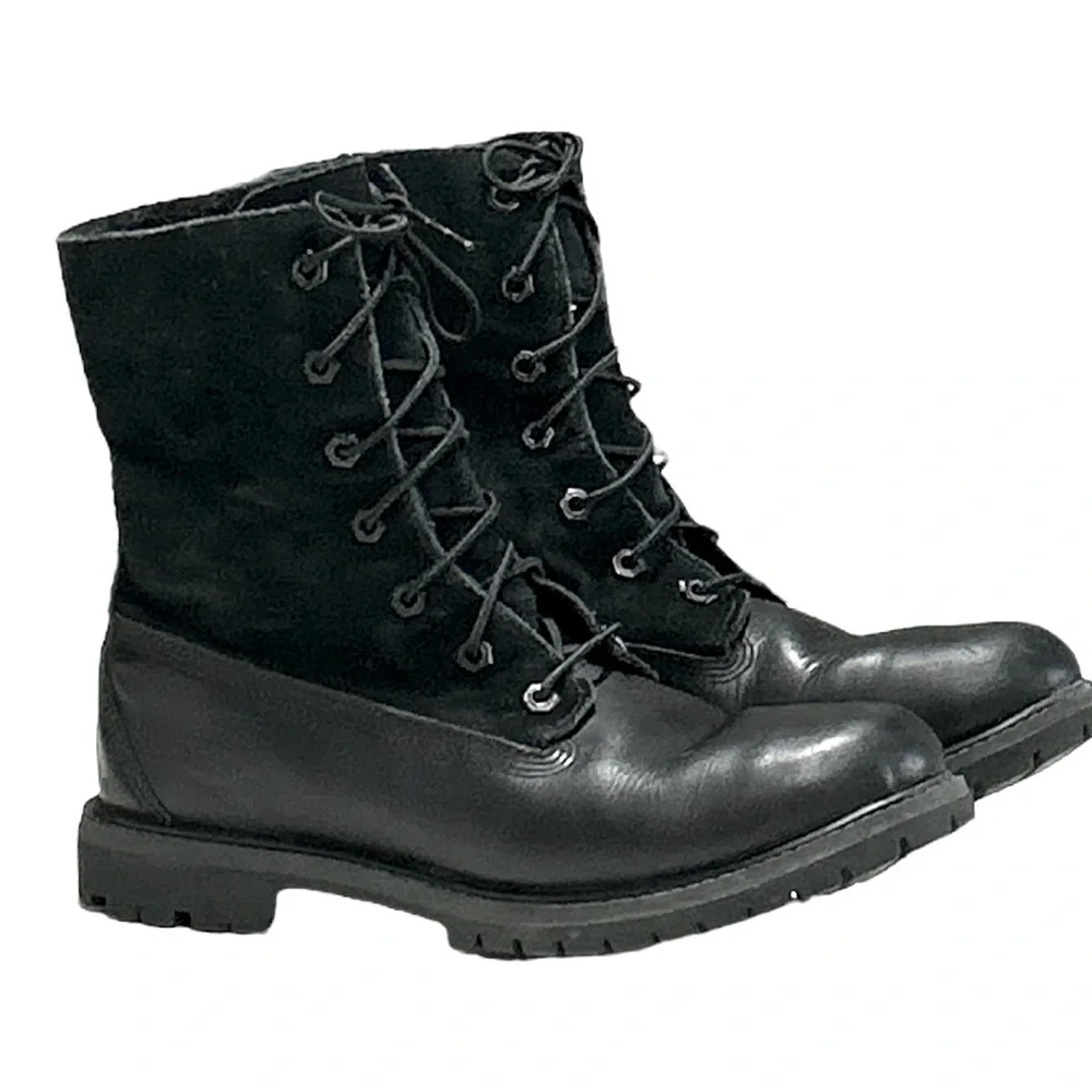 Timberland Black Leather Teddy Fleece Waterproof Fold Down Boots Lace Up Sz 9 - Picture 2 of 16